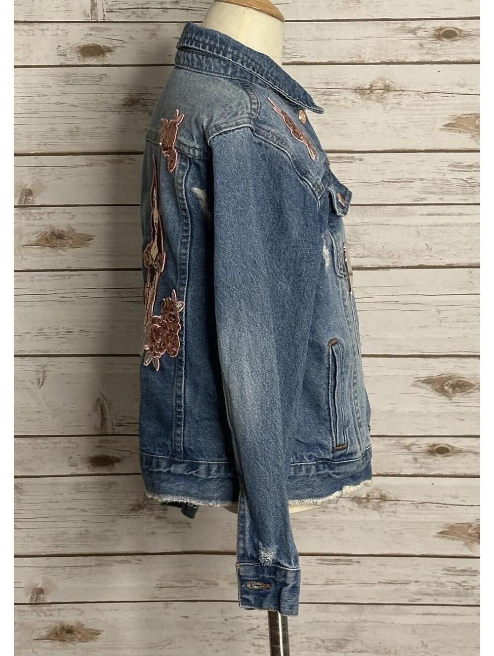 Disney distressed jean jacket Size 7/8 denim medium wash sequin embroidered - Picture 5 of 9